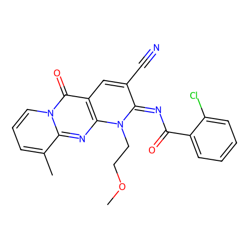 (E)-2-chloro-N-(3-cyano-1-(2-methoxyethyl)-10-methyl-5-oxo-1H-dipyrido[1,2-a:2',3'-d]pyrimidin-2(5H)-ylidene)benzamide structure