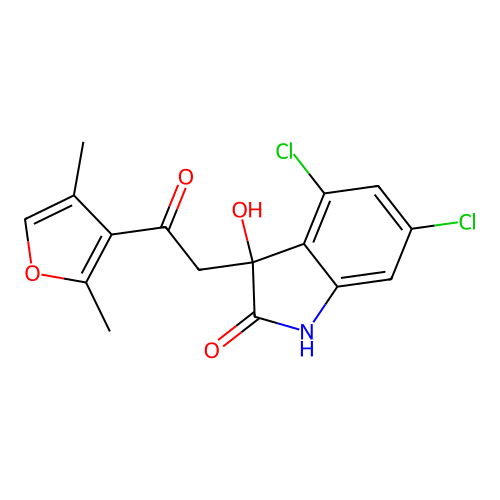 4,6-dichloro-3-[2-(2,4-dimethylfuran-3-yl)-2-oxoethyl]-3-hydroxy-1H-indol-2-one structure