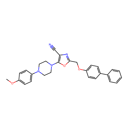 5-[4-(4-methoxyphenyl)piperazin-1-yl]-2-[(4-phenylphenoxy)methyl]-1,3-oxazole-4-carbonitrile structure