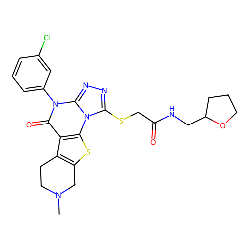 2-((4-(3-chlorophenyl)-8-methyl-5-oxo-4,5,6,7,8,9-hexahydropyrido[4',3':4,5]thieno[3,2-e][1,2,4]triazolo[4,3-a]pyrimidin-1-yl)thio)-N-((tetrahydrofuran-2-yl)methyl)acetamide structure