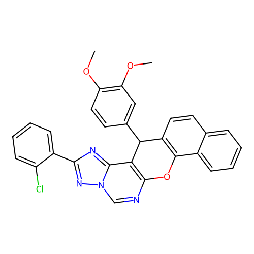 2-(2-chlorophenyl)-14-(3,4-dimethoxyphenyl)-14H-benzo[7,8]chromeno[3,2-e][1,2,4]triazolo[1,5-c]pyrimidine structure
