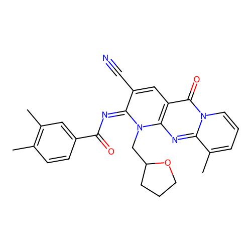 (E)-N-(3-cyano-10-methyl-5-oxo-1-((tetrahydrofuran-2-yl)methyl)-1H-dipyrido[1,2-a:2',3'-d]pyrimidin-2(5H)-ylidene)-3,4-dimethylbenzamide structure