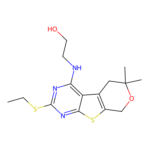 2-((2-(ethylthio)-6,6-dimethyl-6,8-dihydro-5H-pyrano[4',3':4,5]thieno[2,3-d]pyrimidin-4-yl)amino)ethanol structure