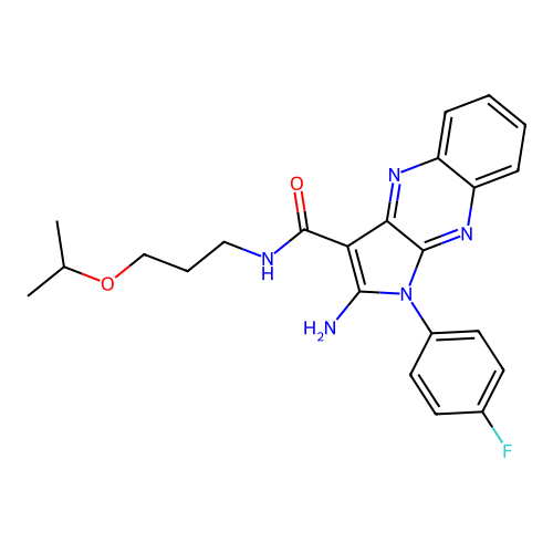 2-amino-1-(4-fluorophenyl)-N-(3-isopropoxypropyl)-1H-pyrrolo[2,3-b]quinoxaline-3-carboxamide structure