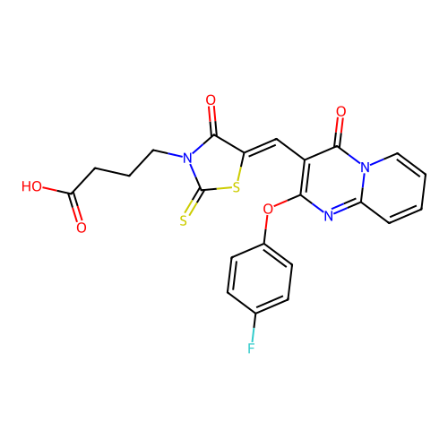 4-[(5Z)-5-{[2-(4-fluorophenoxy)-4-oxo-4H-pyrido[1,2-a]pyrimidin-3-yl]methylidene}-4-oxo-2-thioxo-1,3-thiazolidin-3-yl]butanoic acid structure