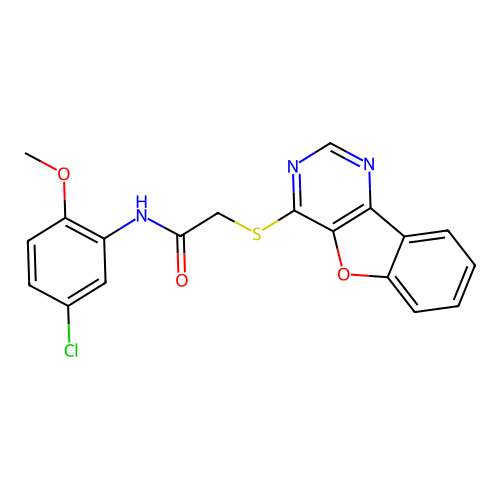 2-(benzofuro[3,2-d]pyrimidin-4-ylthio)-N-(5-chloro-2-methoxyphenyl)acetamide structure