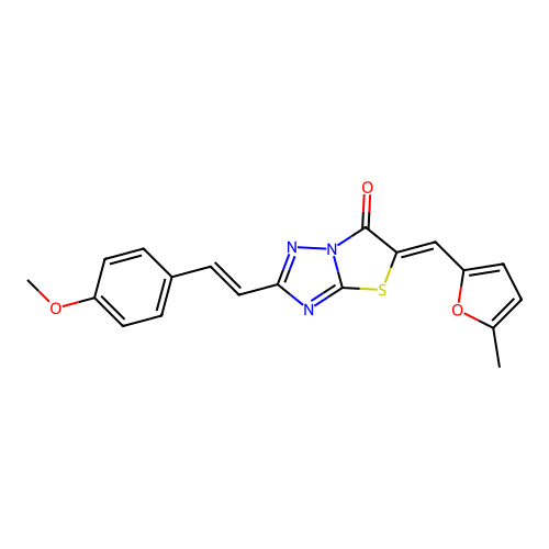 (5Z)-2-[(E)-2-(4-methoxyphenyl)ethenyl]-5-[(5-methylfuran-2-yl)methylidene][1,3]thiazolo[3,2-b][1,2,4]triazol-6(5H)-one structure