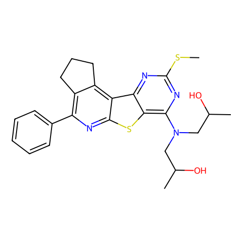 1,1'-((9-(methylthio)-4-phenyl-2,3-dihydro-1H-cyclopenta[4',5']pyrido[3',2':4,5]thieno[3,2-d]pyrimidin-7-yl)azanediyl)bis(propan-2-ol) structure