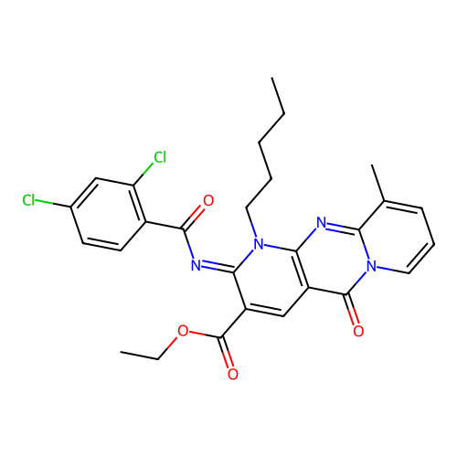 (Z)-ethyl 2-((2,4-dichlorobenzoyl)imino)-10-methyl-5-oxo-1-pentyl-2,5-dihydro-1H-dipyrido[1,2-a:2',3'-d]pyrimidine-3-carboxylate structure