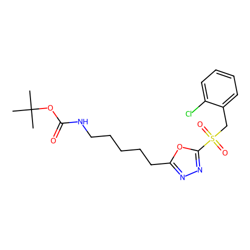 tert-butyl (5-(5-((2-chlorobenzyl)sulfonyl)-1,3,4-oxadiazol-2-yl)pentyl)carbamate structure