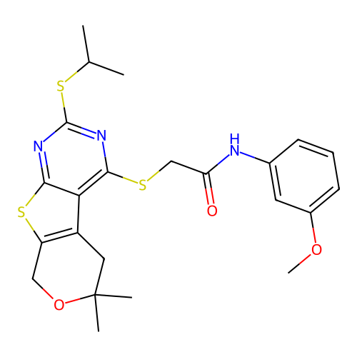 2-((2-(isopropylthio)-6,6-dimethyl-6,8-dihydro-5H-pyrano[4',3':4,5]thieno[2,3-d]pyrimidin-4-yl)thio)-N-(3-methoxyphenyl)acetamide structure