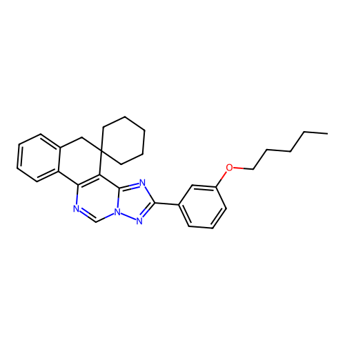 2-(3-(pentyloxy)phenyl)-5H-spiro[benzo[h][1,2,4]triazolo[1,5-c]quinazoline-4,1'-cyclohexane] structure