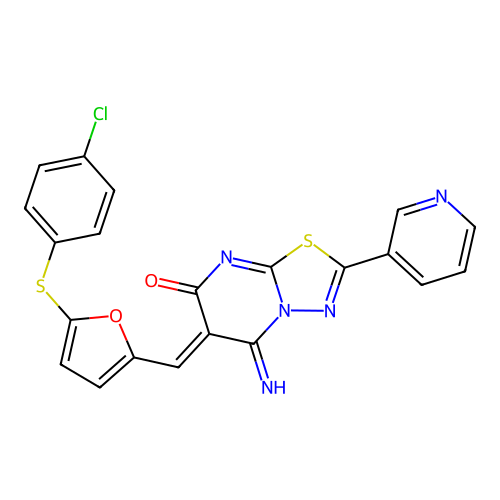 (6Z)-6-({5-[(4-chlorophenyl)sulfanyl]furan-2-yl}methylidene)-5-imino-2-(pyridin-3-yl)-5,6-dihydro-7H-[1,3,4]thiadiazolo[3,2-a]pyrimidin-7-one structure