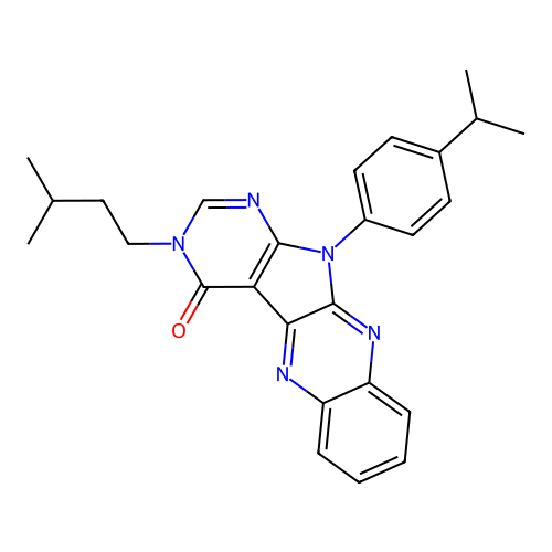 3-(3-methylbutyl)-11-[4-(propan-2-yl)phenyl]-3,11-dihydro-4H-pyrimido[5',4':4,5]pyrrolo[2,3-b]quinoxalin-4-one structure