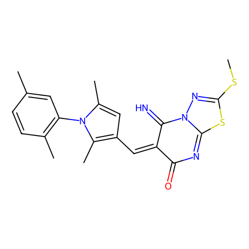 (6E)-6-[[1-(2,5-dimethylphenyl)-2,5-dimethylpyrrol-3-yl]methylidene]-5-imino-2-methylsulfanyl-[1,3,4]thiadiazolo[3,2-a]pyrimidin-7-one structure