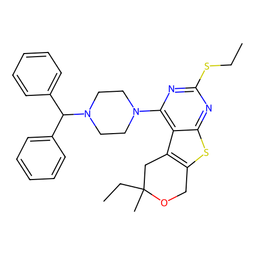 4-(4-benzhydrylpiperazin-1-yl)-6-ethyl-2-(ethylthio)-6-methyl-6,8-dihydro-5H-pyrano[4',3':4,5]thieno[2,3-d]pyrimidine structure