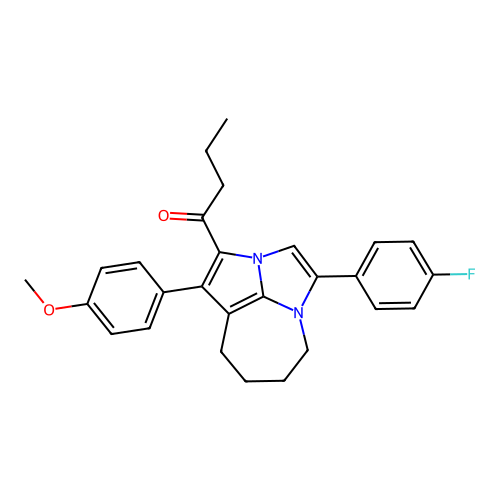 1-(4-(4-fluorophenyl)-1-(4-methoxyphenyl)-5,6,7,8-tetrahydro-2a,4a-diazacyclopenta[cd]azulen-2-yl)butan-1-one structure