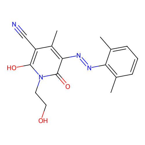 (5E)-5-[(2,6-dimethylphenyl)hydrazinylidene]-1-(2-hydroxyethyl)-4-methyl-2,6-dioxopyridine-3-carbonitrile structure