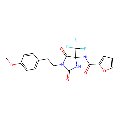 N-(1-(4-methoxyphenethyl)-2,5-dioxo-4-(trifluoromethyl)imidazolidin-4-yl)furan-2-carboxamide structure