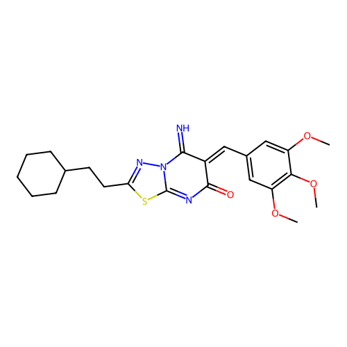 (Z)-2-(2-cyclohexylethyl)-5-imino-6-(3,4,5-trimethoxybenzylidene)-5H-[1,3,4]thiadiazolo[3,2-a]pyrimidin-7(6H)-one structure