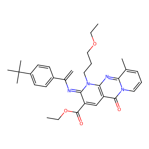 (Z)-ethyl 2-((1-(4-(tert-butyl)phenyl)vinyl)imino)-1-(3-ethoxypropyl)-10-methyl-5-oxo-2,5-dihydro-1H-dipyrido[1,2-a:2',3'-d]pyrimidine-3-carboxylate structure