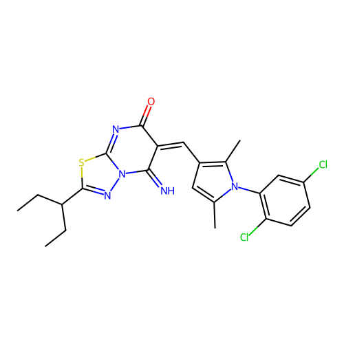 (E)-6-((1-(2,5-dichlorophenyl)-2,5-dimethyl-1H-pyrrol-3-yl)methylene)-5-imino-2-(pentan-3-yl)-5H-[1,3,4]thiadiazolo[3,2-a]pyrimidin-7(6H)-one structure