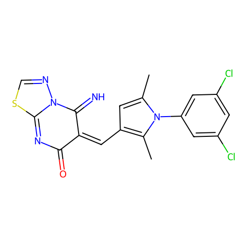 (E)-6-((1-(3,5-dichlorophenyl)-2,5-dimethyl-1H-pyrrol-3-yl)methylene)-5-imino-5H-[1,3,4]thiadiazolo[3,2-a]pyrimidin-7(6H)-one structure