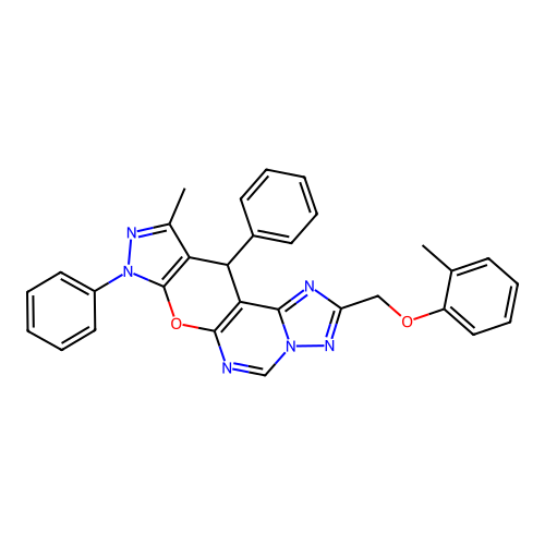 10-methyl-2-[(2-methylphenoxy)methyl]-8,11-diphenyl-8,11-dihydropyrazolo[4',3':5,6]pyrano[3,2-e][1,2,4]triazolo[1,5-c]pyrimidine structure