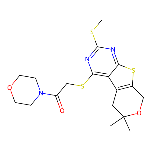 2-((6,6-dimethyl-2-(methylthio)-6,8-dihydro-5H-pyrano[4',3':4,5]thieno[2,3-d]pyrimidin-4-yl)thio)-1-morpholinoethanone structure