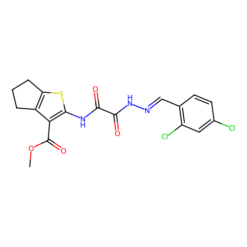 (E)-methyl 2-(2-(2-(2,4-dichlorobenzylidene)hydrazinyl)-2-oxoacetamido)-5,6-dihydro-4H-cyclopenta[b]thiophene-3-carboxylate structure
