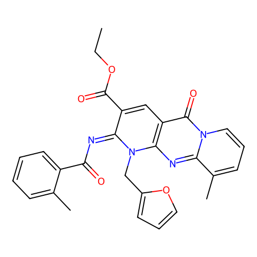 (Z)-ethyl 1-(furan-2-ylmethyl)-10-methyl-2-((2-methylbenzoyl)imino)-5-oxo-2,5-dihydro-1H-dipyrido[1,2-a:2',3'-d]pyrimidine-3-carboxylate structure
