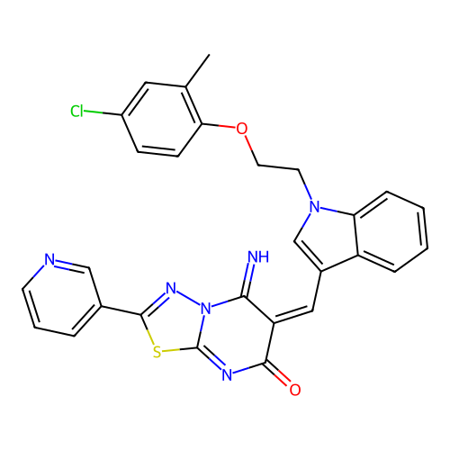 (E)-6-((1-(2-(4-chloro-2-methylphenoxy)ethyl)-1H-indol-3-yl)methylene)-5-imino-2-(pyridin-3-yl)-5H-[1,3,4]thiadiazolo[3,2-a]pyrimidin-7(6H)-one structure