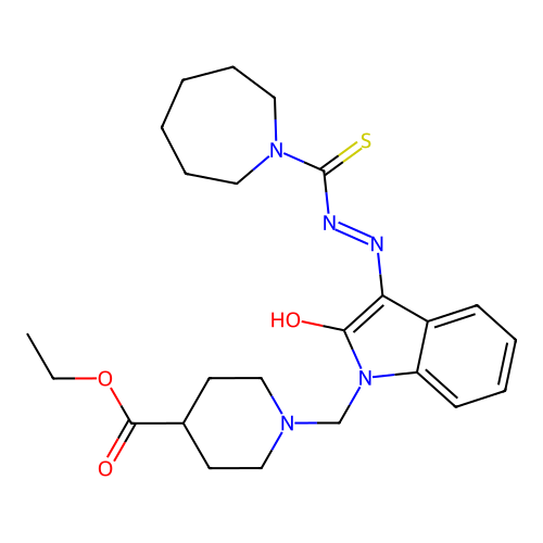 (Z)-ethyl 1-((3-(2-(azepane-1-carbonothioyl)hydrazono)-2-oxoindolin-1-yl)methyl)piperidine-4-carboxylate structure