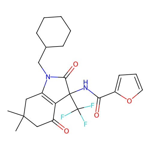N-(1-(cyclohexylmethyl)-6,6-dimethyl-2,4-dioxo-3-(trifluoromethyl)-2,3,4,5,6,7-hexahydro-1H-indol-3-yl)furan-2-carboxamide structure