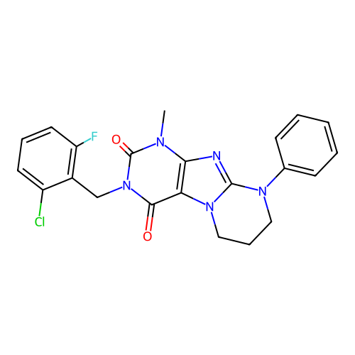 3-(2-chloro-6-fluorobenzyl)-1-methyl-9-phenyl-6,7,8,9-tetrahydropyrimido[2,1-f]purine-2,4(1H,3H)-dione structure