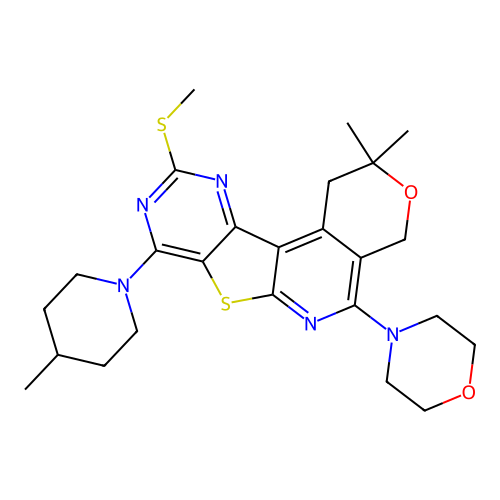 2,2-dimethyl-8-(4-methylpiperidin-1-yl)-10-(methylsulfanyl)-5-(morpholin-4-yl)-1,4-dihydro-2H-pyrano[4'',3'':4',5']pyrido[3',2':4,5]thieno[3,2-d]pyrimidine structure