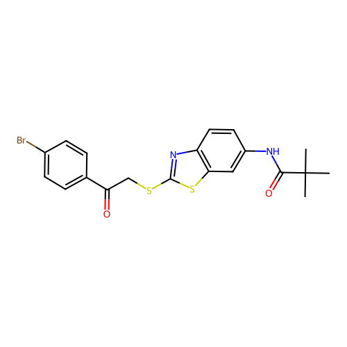 N-(2-((2-(4-bromophenyl)-2-oxoethyl)thio)benzo[d]thiazol-6-yl)pivalamide structure