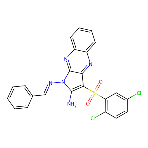 1-[(E)-benzylideneamino]-3-(2,5-dichlorophenyl)sulfonylpyrrolo[3,2-b]quinoxalin-2-amine structure
