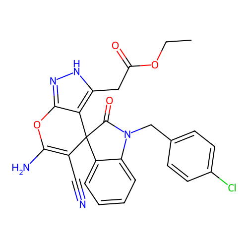 ethyl [6'-amino-1-(4-chlorobenzyl)-5'-cyano-2-oxo-1,2-dihydro-1'H-spiro[indole-3,4'-pyrano[2,3-c]pyrazol]-3'-yl]acetate structure