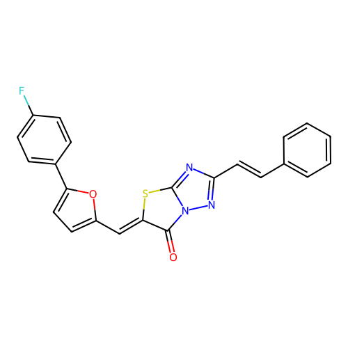 (5Z)-5-{[5-(4-fluorophenyl)furan-2-yl]methylidene}-2-[(E)-2-phenylethenyl][1,3]thiazolo[3,2-b][1,2,4]triazol-6(5H)-one structure