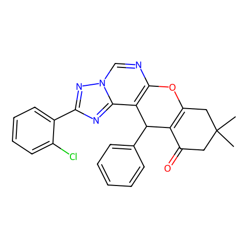 2-(2-chlorophenyl)-9,9-dimethyl-12-phenyl-8,9,10,12-tetrahydro-11H-chromeno[3,2-e][1,2,4]triazolo[1,5-c]pyrimidin-11-one structure