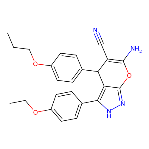 6-amino-3-(4-ethoxyphenyl)-4-(4-propoxyphenyl)-1,4-dihydropyrano[2,3-c]pyrazole-5-carbonitrile structure