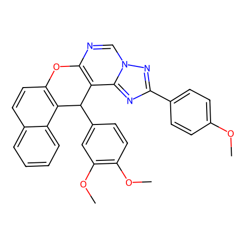 14-(3,4-dimethoxyphenyl)-2-(4-methoxyphenyl)-14H-benzo[5,6]chromeno[3,2-e][1,2,4]triazolo[1,5-c]pyrimidine structure
