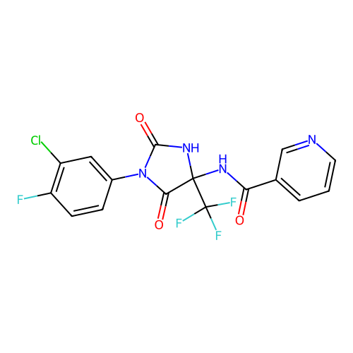 N-(1-(3-chloro-4-fluorophenyl)-2,5-dioxo-4-(trifluoromethyl)imidazolidin-4-yl)nicotinamide structure