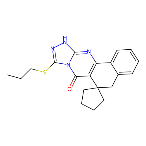 9-(propylthio)-5H-spiro[benzo[h][1,2,4]triazolo[3,4-b]quinazoline-6,1'-cyclopentan]-7(12H)-one structure