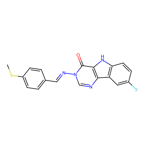 (E)-8-fluoro-3-((4-(methylthio)benzylidene)amino)-3H-pyrimido[5,4-b]indol-4(5H)-one structure