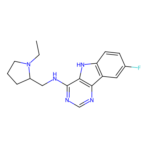 N-[(1-ethylpyrrolidin-2-yl)methyl]-8-fluoro-5H-pyrimido[5,4-b]indol-4-amine structure