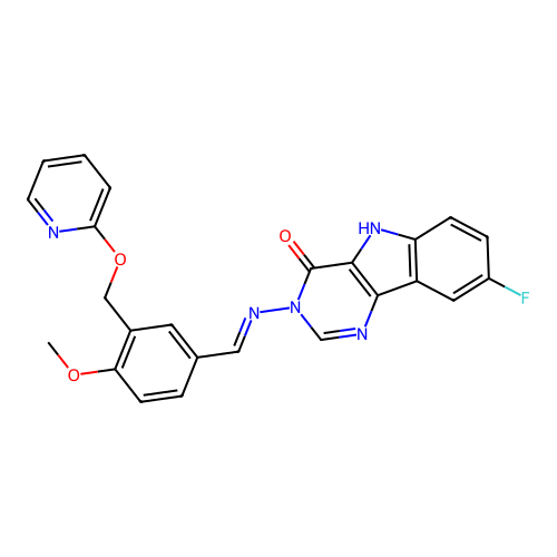 (E)-8-fluoro-3-((4-methoxy-3-((pyridin-2-yloxy)methyl)benzylidene)amino)-3H-pyrimido[5,4-b]indol-4(5H)-one structure