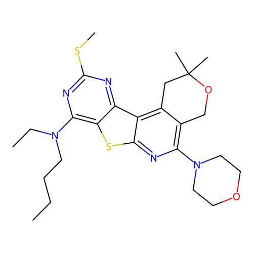 N-butyl-N-ethyl-2,2-dimethyl-10-(methylsulfanyl)-5-(morpholin-4-yl)-1,4-dihydro-2H-pyrano[4'',3'':4',5']pyrido[3',2':4,5]thieno[3,2-d]pyrimidin-8-amine structure
