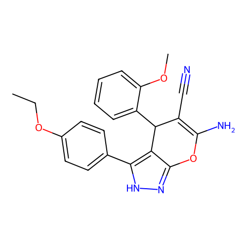 6-amino-3-(4-ethoxyphenyl)-4-(2-methoxyphenyl)-1,4-dihydropyrano[2,3-c]pyrazole-5-carbonitrile structure